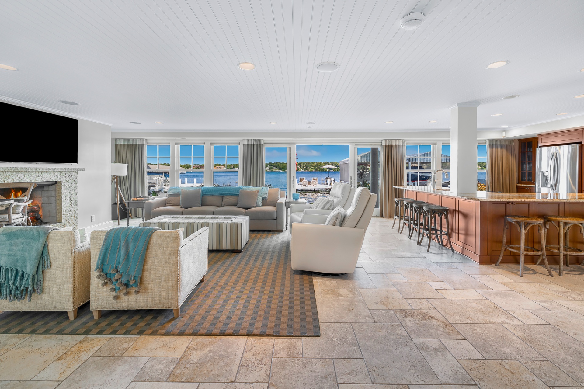 Open living and kitchen with lake views