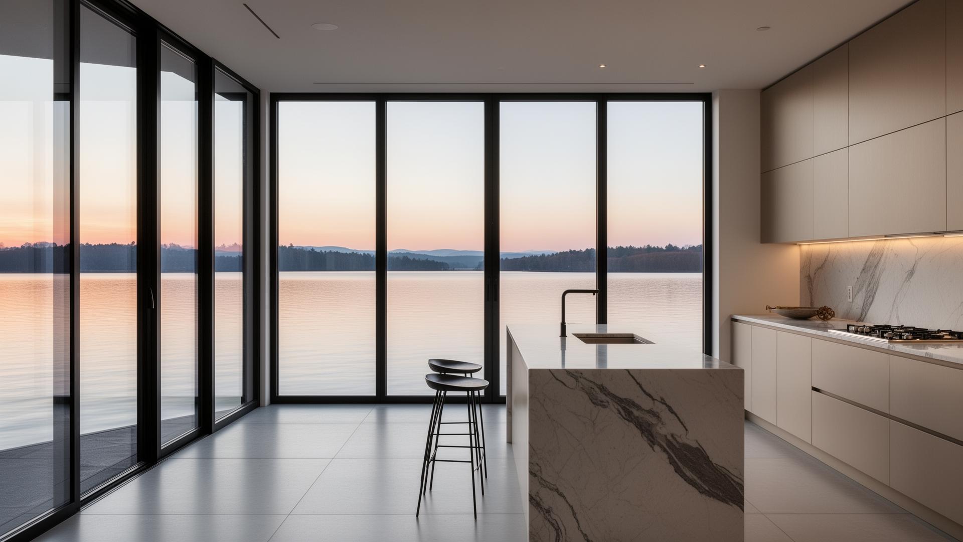 Open kitchen with lake views